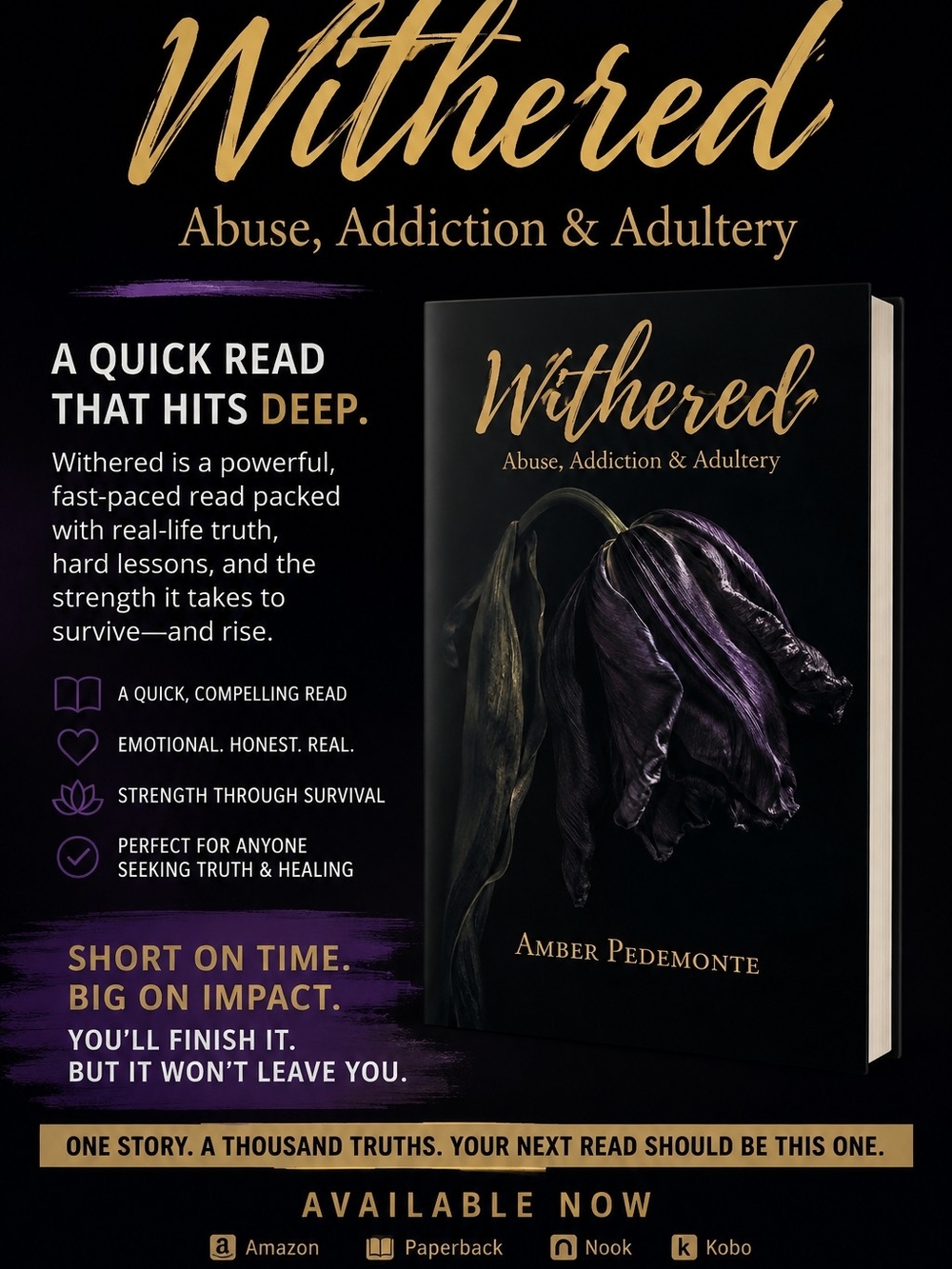 Withered: Abuse, Addiction & Adultery by Amber Pedemonte. Autographed Copy
